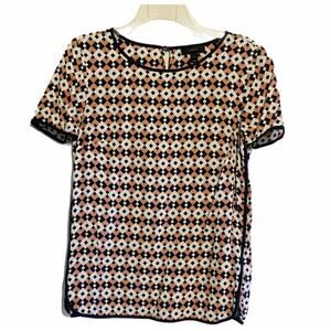 J. Crew Navy and Blush Geometric Pattern Silk Blouse Size 2